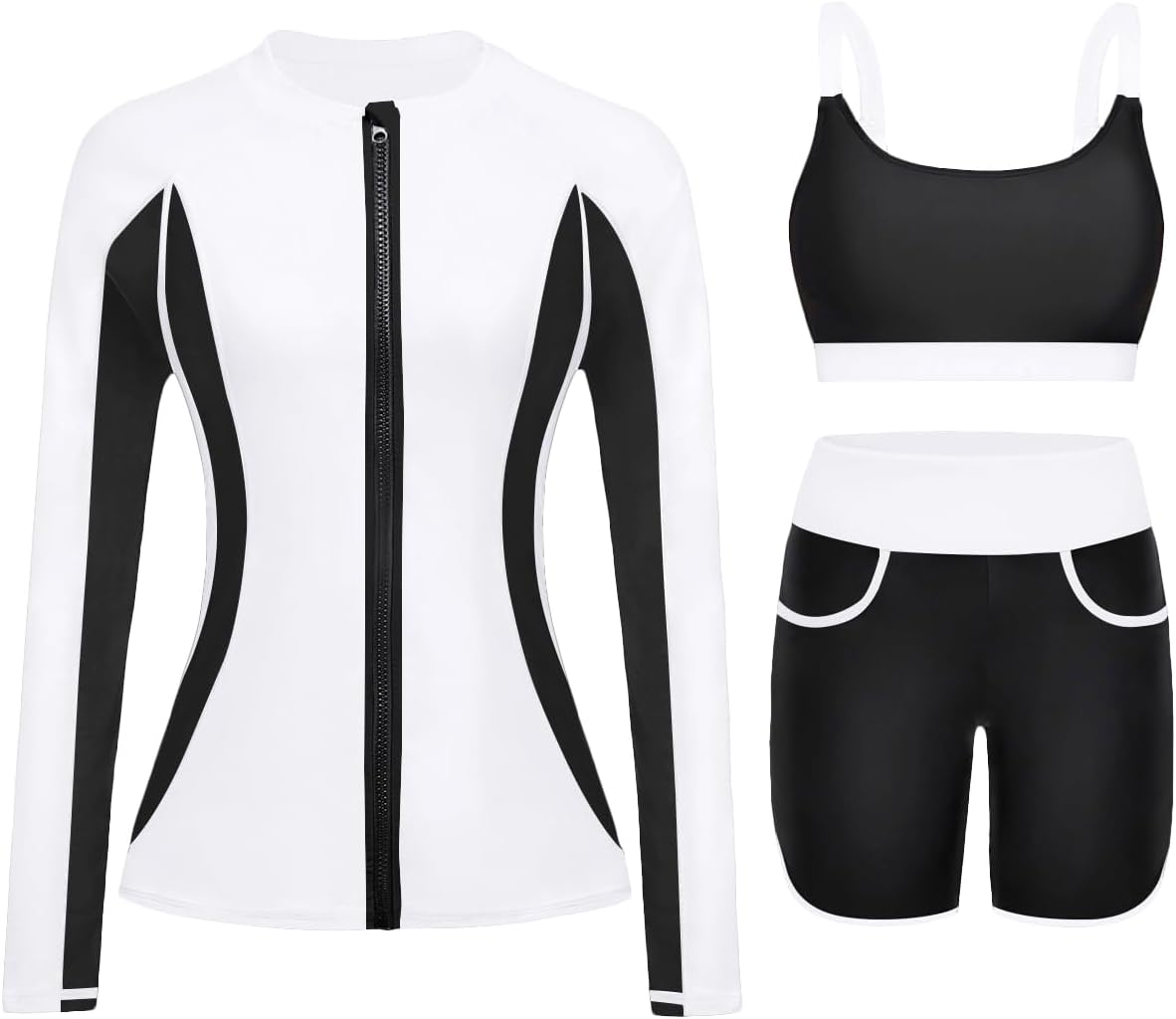 Women 3 Piece Rash Guard - Long Sleeve Swimsuit Built in Bra Swim Shirt Zip Bathing Suit with Pocket Shorts