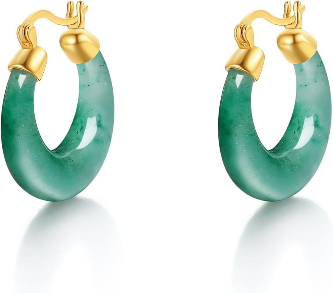 Sterling Silver Hoop Earrings Silver Green Jasper Hoop Huggie Earrings Dainty Jewelry for Women Daughter Wife Mom Mother J0916270