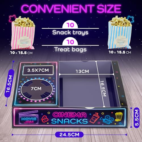 Movie Night Snack Trays – Neon Edition | 10 Durable Popcorn Boxes, 10 Candy Bags & Free Movie Ticket Invitations