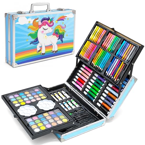 Image of VGRASSP Unicorn Theme 145 Pcs Drawing and Painting Kit Toy for Kids, Boys, Girls - Portable School Stationery Set with Color Sticks, Watercolors, Color Pencils, Sketch Pens