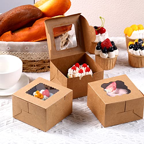 Thenshop 100 Pcs Dessert Boxes Pastry Boxes Cookie Brown Bakery Boxes With Clear Window Kraft Cupcake Baking Boxes For Muffins Donuts Gift Container Party Favor 4 X 4 X 2.5 Inches (Brown) #TOP3