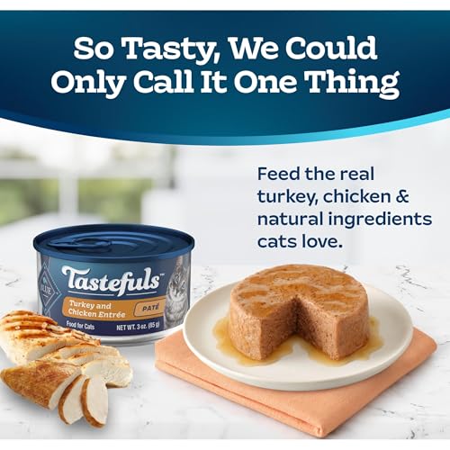 Image of Blue Buffalo Tastefuls Wet Cat Food Pate, Made with Natural Ingredients | Turkey and Chicken Entree, 3-oz. Cans (24 Count)
