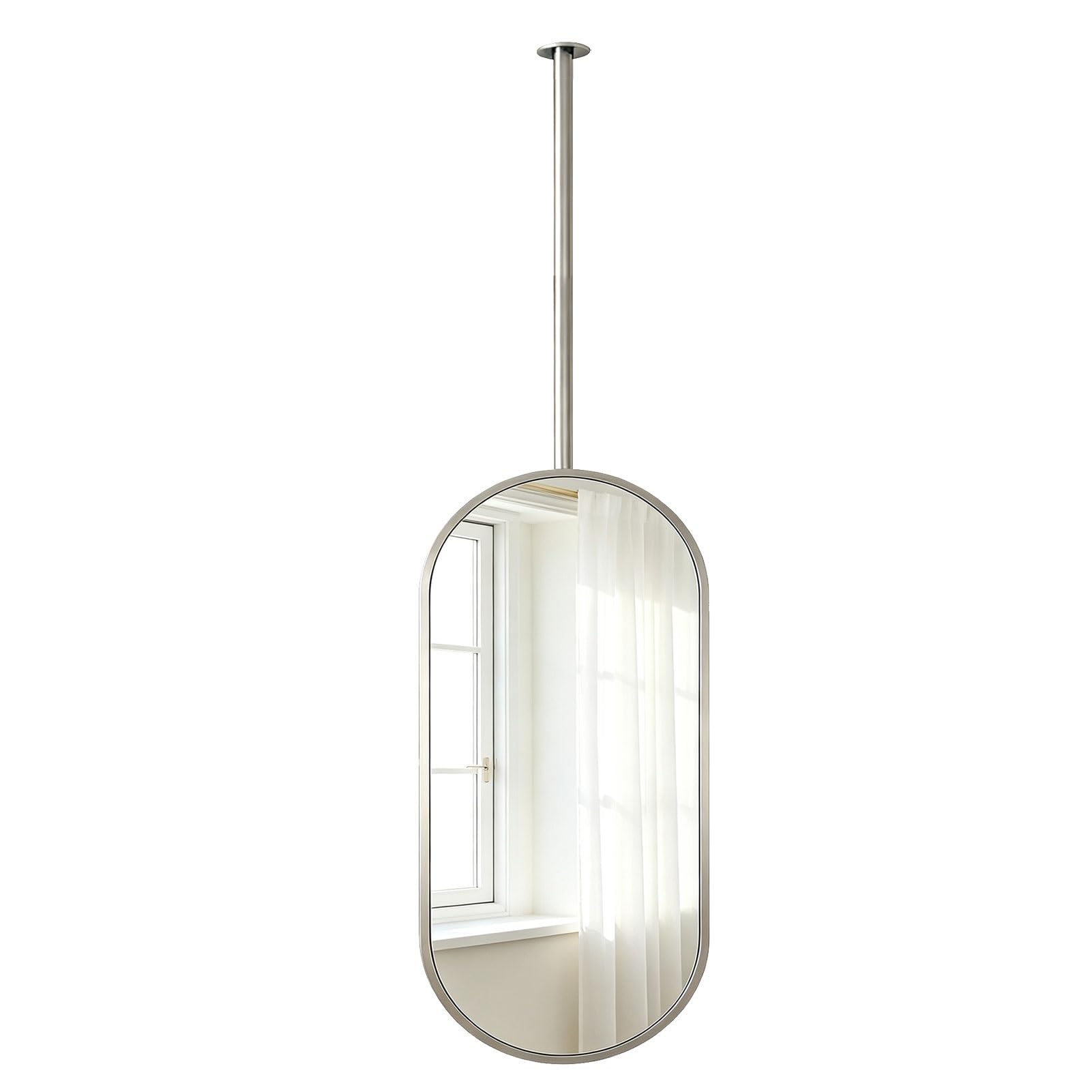 Miroir ovale moderne à tige suspendue,salle de bains monté au plafond | Miroirs suspendus simples et élégants,décoration murale,pour salle d'eau,chambre à coucher(Silver,40cmx80cm)