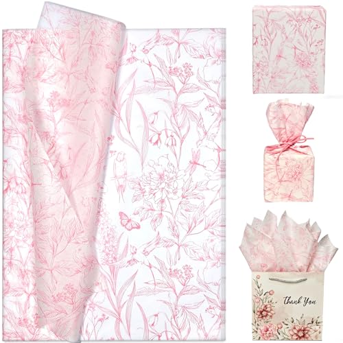 LIAPAWPAW Floral Bird Tissue Paper Bulk Vintage Pink and White Flower Tissue Paper for Gift Bags Wrapping Crafts Elegant Art Packing Supplies for Wedding Birthday Holidays Decor 30 Sheets 20x14in