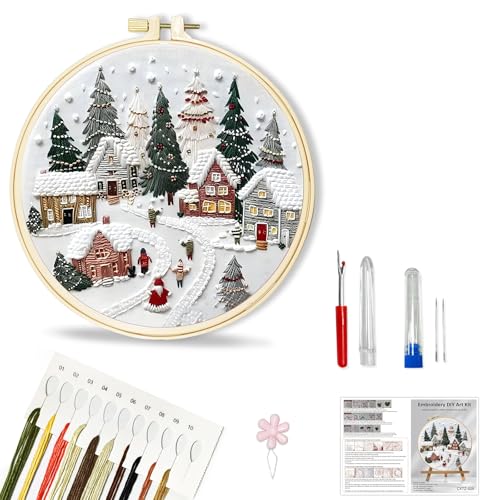 Image of Huacan Embroidery Kit for Beginners Adults, Easy Needlepoint Kits for Adults with Stamped Embroidery Patterns. (Village)