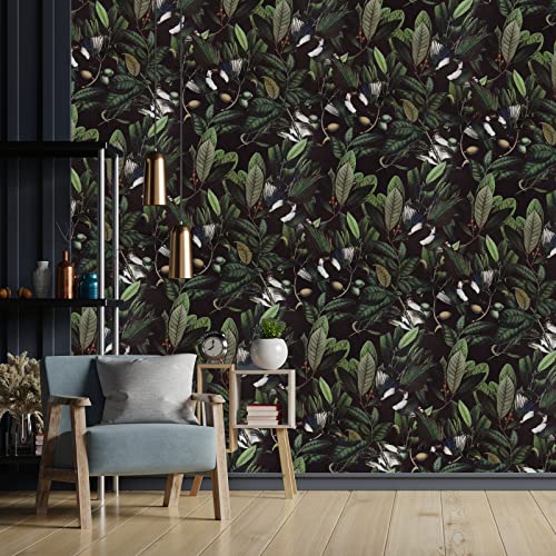 VEELIKE Green Leaf Wallpaper Rainforest Tropical Wallpaper for Bedroom Bathroom 44.5 cm x 300 cm Black Jungle Wall Mural Wall Paper Rolls Living Room Kitchen Contact Paper Self Adhesive Removable