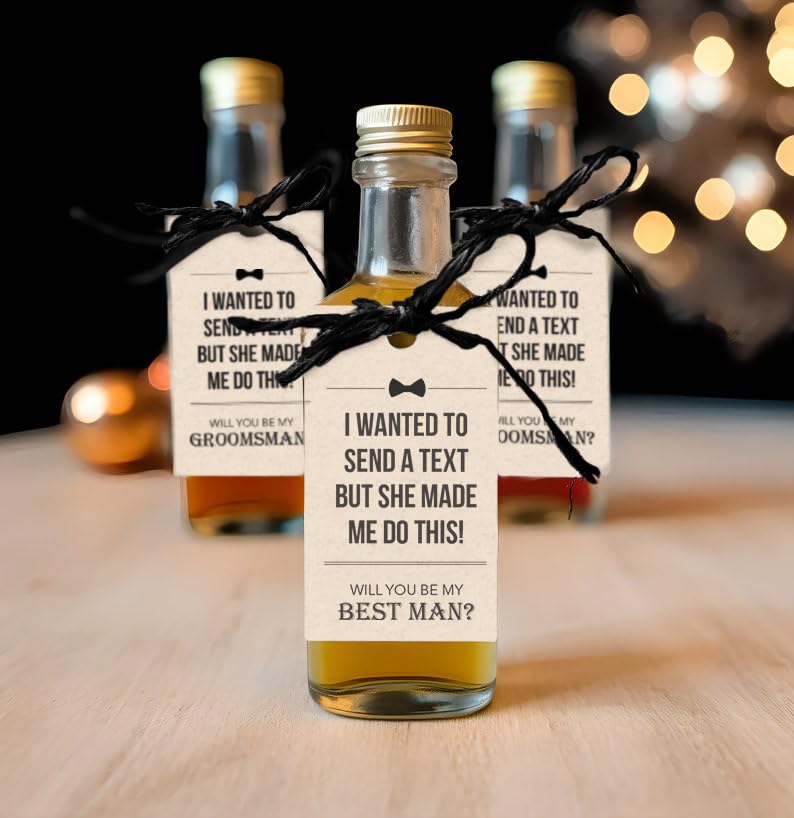 Lustiges Trauzeugen-Antragsset – 2 Karten + 8 Flaschenanhänger, 'Wanna Take A Shot At Being My Groomsmen?'