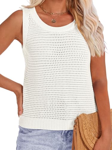 Bagavs Womens Crochet Tank Tops Sleeveless Summer Knit Crop Tops Crewneck Hollow Out Sweater Vest(White, Medium)