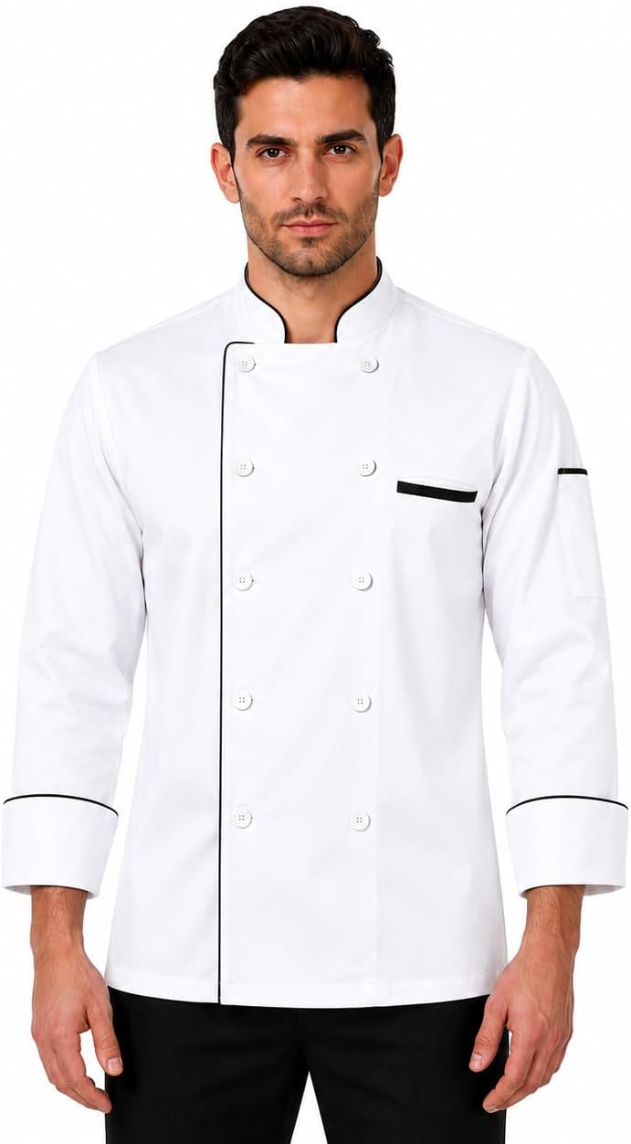Traditional White Chef Coat Black Piping- Full Sleeves for Men & Women | Poly Cotton Chef Jacket | Double Breasted Kitchen Uniform with Thermometer Sleeve Pocket Size