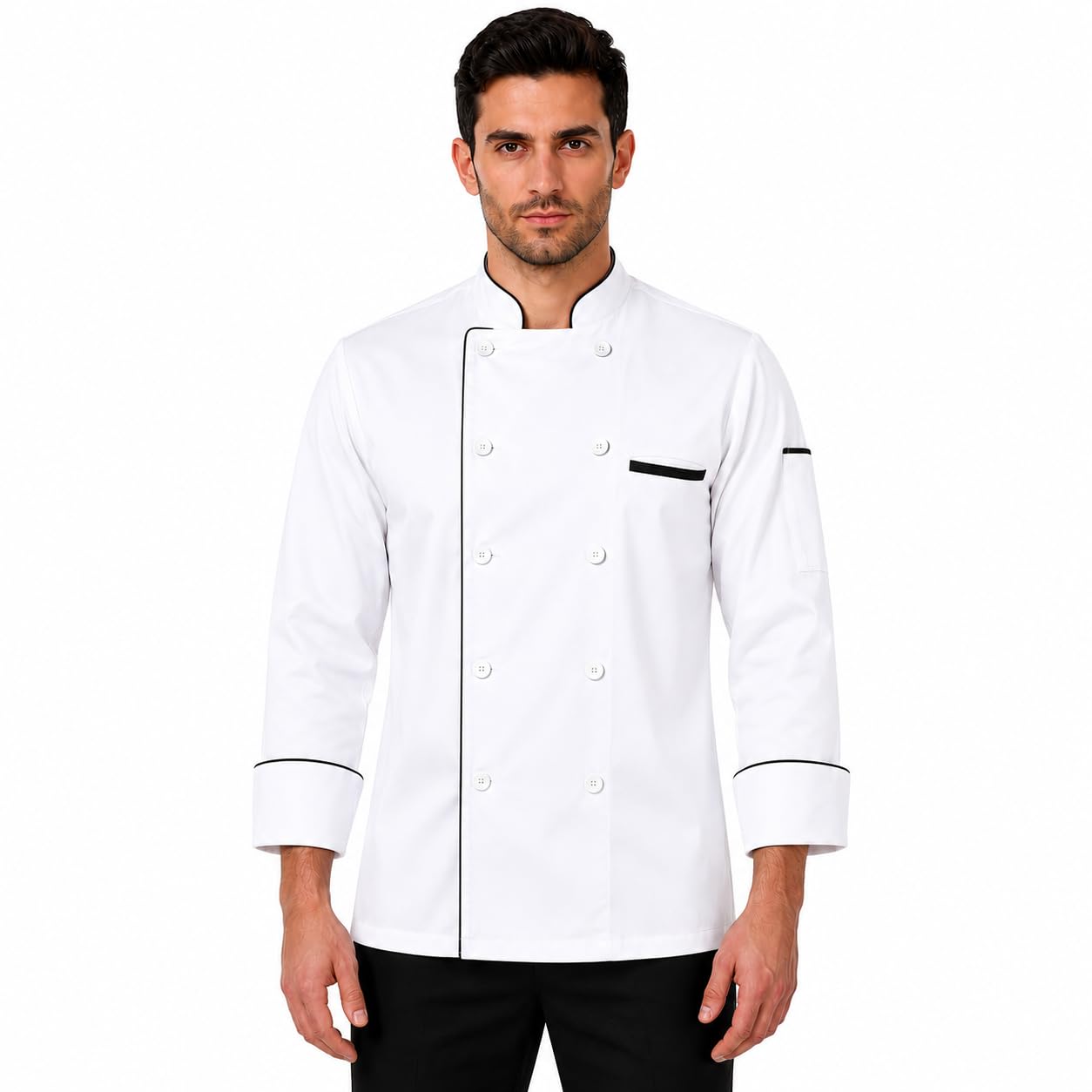 KODENIPR CLUB Traditional White Chef Coat Black Piping, Poly/Cotton,Size (X-XLarge(44))-image-3