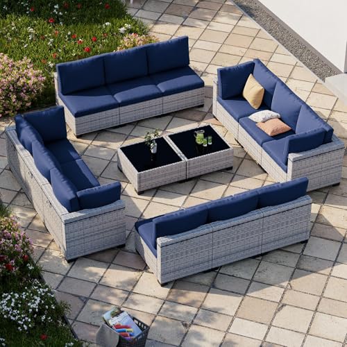 Image of 14-Piece Patio Furniture Set, Outdoor Sectional with Thick Cushions, Modular Patio Sofa, Dual-Strand Wicker Rattan, Rust-Resistant Frame, Backyard Furniture for Garden, Deck, Navy Blue