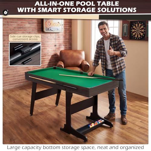 Image of 53 Inch Folding Pool Table with Built-in Ball Storage and Cue Clips, Freestanding Billiard Game Table Set for Family Game Room, Includes Cues, Balls, Chalk and Brush