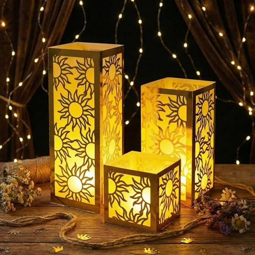Image of Rossesay 24 Pcs Princess Sun Centerpieces for Table Decorations 3 Size Purple Princess Birthday Paper Lantern Boxes with Tea Lights Candles Table Ideas Decorations for Sun Birthday Party