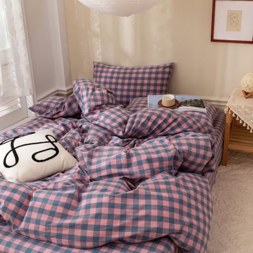 Image of MKXI Plaid Duvet Cover Queen Pink Plaids Floral Bedding Breathable Linen Like Textured Duvet Cover Set Natural Wrinkled Look Rustic Geometric Farmhouse Style Bedding for Girls Women