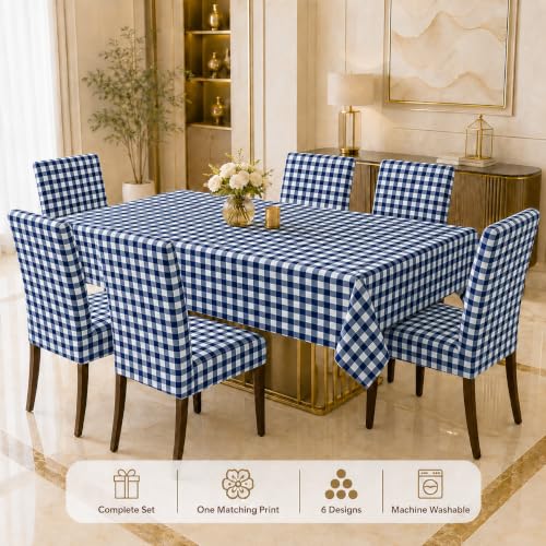 Image of Cloth Fusion Dining Table Cover with 6 Chair Covers, 6 Seater Table Cloth | Table cover and every chair cover in one matching print; 4-way stretch chair covers; 6 designs; washable, not PVC