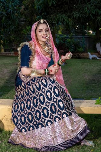 Image of Fancy Heavy Embroidery Work Shimmer Silk Semi-stitched Rajasthani Poshak Rajputi Lehenga Choli For Women