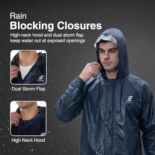 Image of Amazon Brand - Symactive Raincoat with Jacket, Pants, Hood and Carry Bag | Polyester Shell with Heat Sealed PVC Lining | Inner Mobile Pocket | Plastic Peak Hood | Unisex, Blue, S