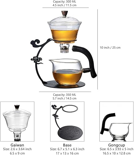 Miniatura 8 de Lazy Kungfu - Tetera de goteo resistente al calor, juego de tetera de vidrio semiautomática para flujo de agua magnético, juego de tetera de vidrio