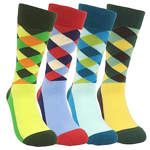 HSELL Funny Mens Colorful Dress Socks Crazy Design Argyle Striped Funky Pattern Cotton Socks for Men Gfits (4 Pairs - Colorful Argyle), 4 Pairs - Colorful Argyle, One size