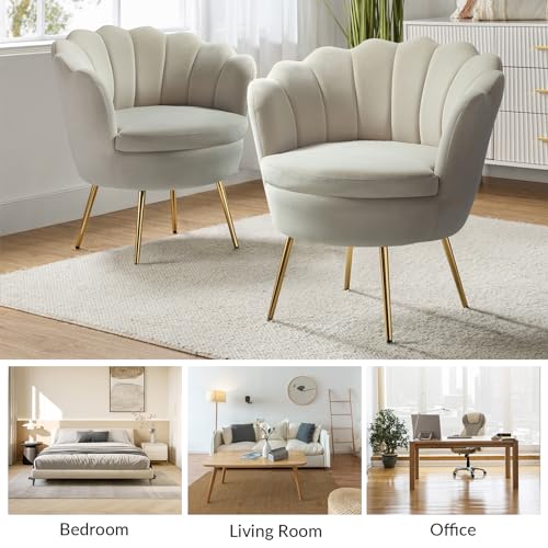 Image of HULALA HOME Modern Velvet Accent Chair with Shell Shaped Back, Cute Living Room Bedroom Armchair Sofa Chair with Gold Legs, Comfy Upholstered Vanity Chair for Makeup Room, Tan