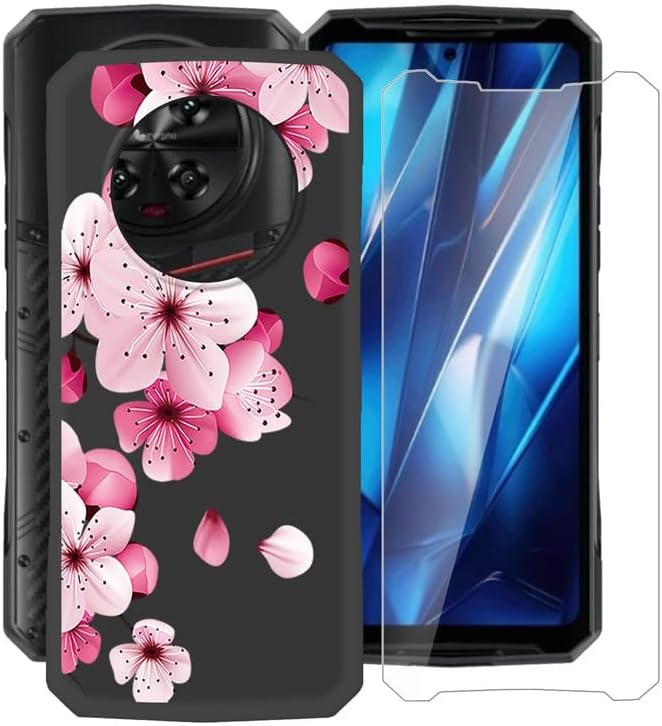 Phone Case for Doogee DK10 (6.67"), with [1 X Tempered Glass Screen Protector], Ultra-Thin Soft Silicone Skin, Black Shockproof Bumper Cover for Doogee DK10 - Peach Blossom