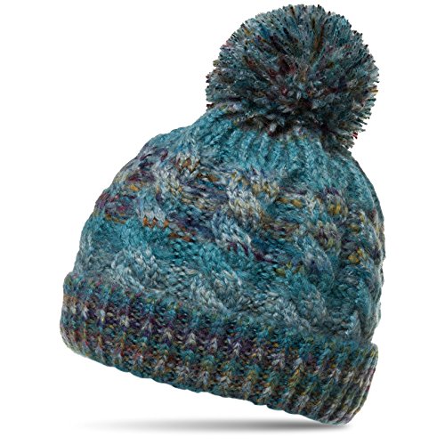 Caspar MU170 Gefütterte Damen Vintage Winter Mütze Bommelmütze Multicolor, Farbe:blau, Größe:One Size