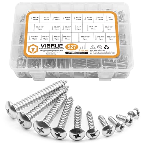 VIGRUE 527Pcs Phillips Truss Head Screw Set #4#6#8#10#12 Stainless Steel Wood Screws Assortment Kit, Assorted Sheet Metal Screws Self Tapping, Length 1/4" to 1-1/2" Truss Head 527PCS
