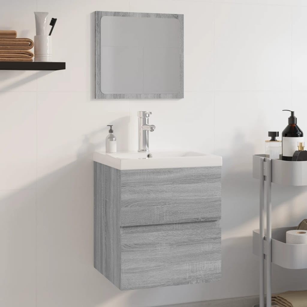 Set Mobile Sottolavabo Sospeso con Specchio e Lavabo Grigio 3 Pz | Soluzione salvaspazio per toilette con cassetto contenitore in legno multistrato grigio sonoma e specchio acrilico.