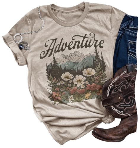 Women's Graphic Tees Camp Shirts Hiking Shirts Adventure Vintage Graphic Shirts Summer Casual Short Sleeve Vacation Tops (XL, Adventure-Cream)