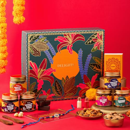Image of Gladful Premium 10 Items Rakhi Gift Box | Green Floral Keepsake Box with Premium Nuts, Chocolate Spreads, Rakhi & Festive Essentials | Luxurious Raksha Bandhan Gift for Brother