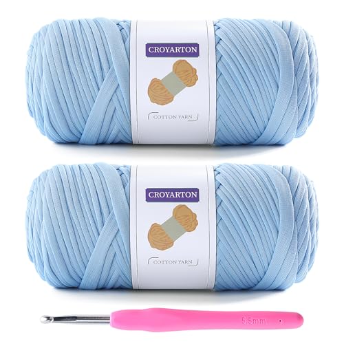 Image of 2 Pack T Shirt Yarn for Crocheting with 1 Crochet Hook, Elastic Tshirt Yarn for Crochet Bag /Baskets /Home Decor, Spaghetti Yarn Thick Knitting Yarn Total Length 130 Yds, Weight 14 Oz (Light Blue)