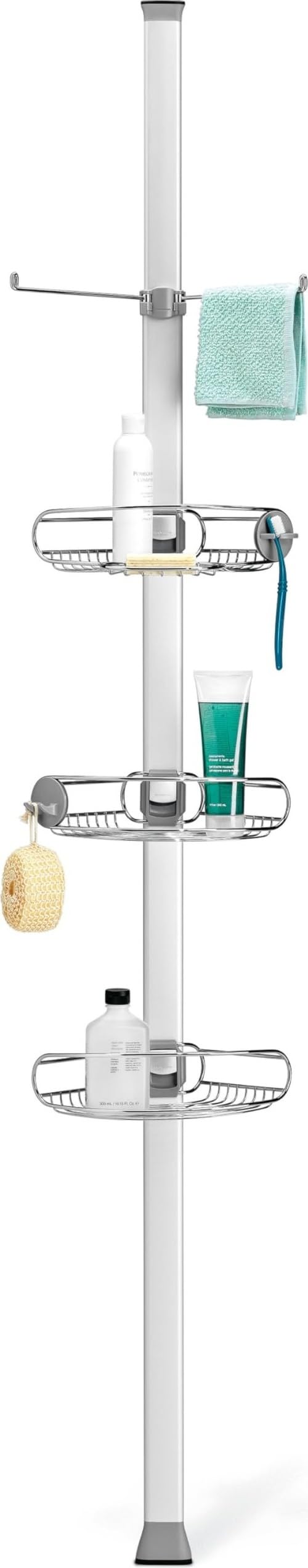 simplehuman BT1062 Large Tension Shower Caddy, Telescopic Corner Bathroom Shelf Storage Organiser, Extends 1.8m to 2.7m, Easy to Install, No Drilling, Rustproof, Adjustable Shelves, Storage Hooks