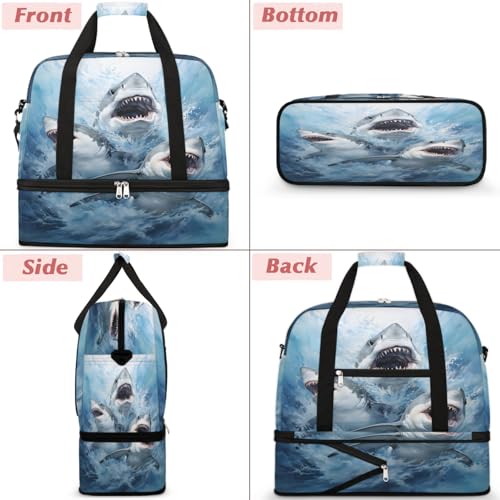 Travel Duffel Bags Ocean Shark Foldable Weekender Bags for Women with Shoes Compartment Waterproof & Tear Resistant Carry on Overnight Luggage Duffel Bag Shoulder Sports Tote Bag,A-9183