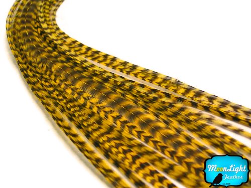 Hair Extension Feathers, Rooster Feathers - Yellow Thin Long Grizzly Rooster Hair Extension Feather & Silicon Bead image 4