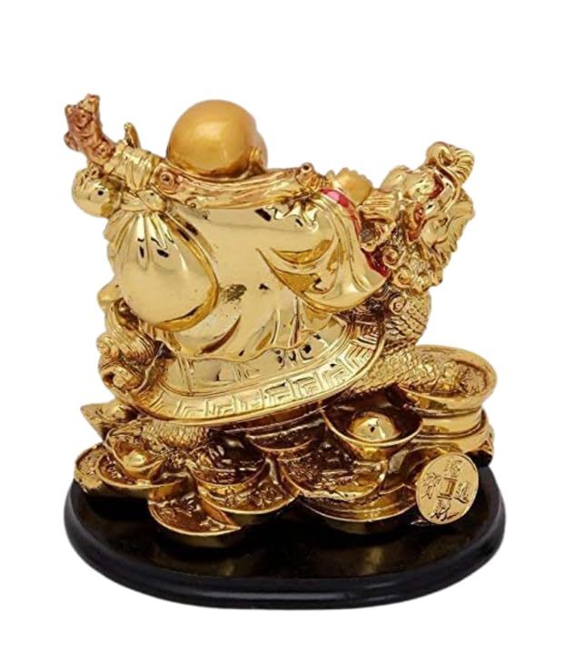 Image of POOMEE Luxury Golden Laughing Buddha Statue for Home and Office Decor Premium Glossy Finish Resin Feng Shui Buddha Idol for Wealth Happiness Prosperity with Stable Base 13 cm