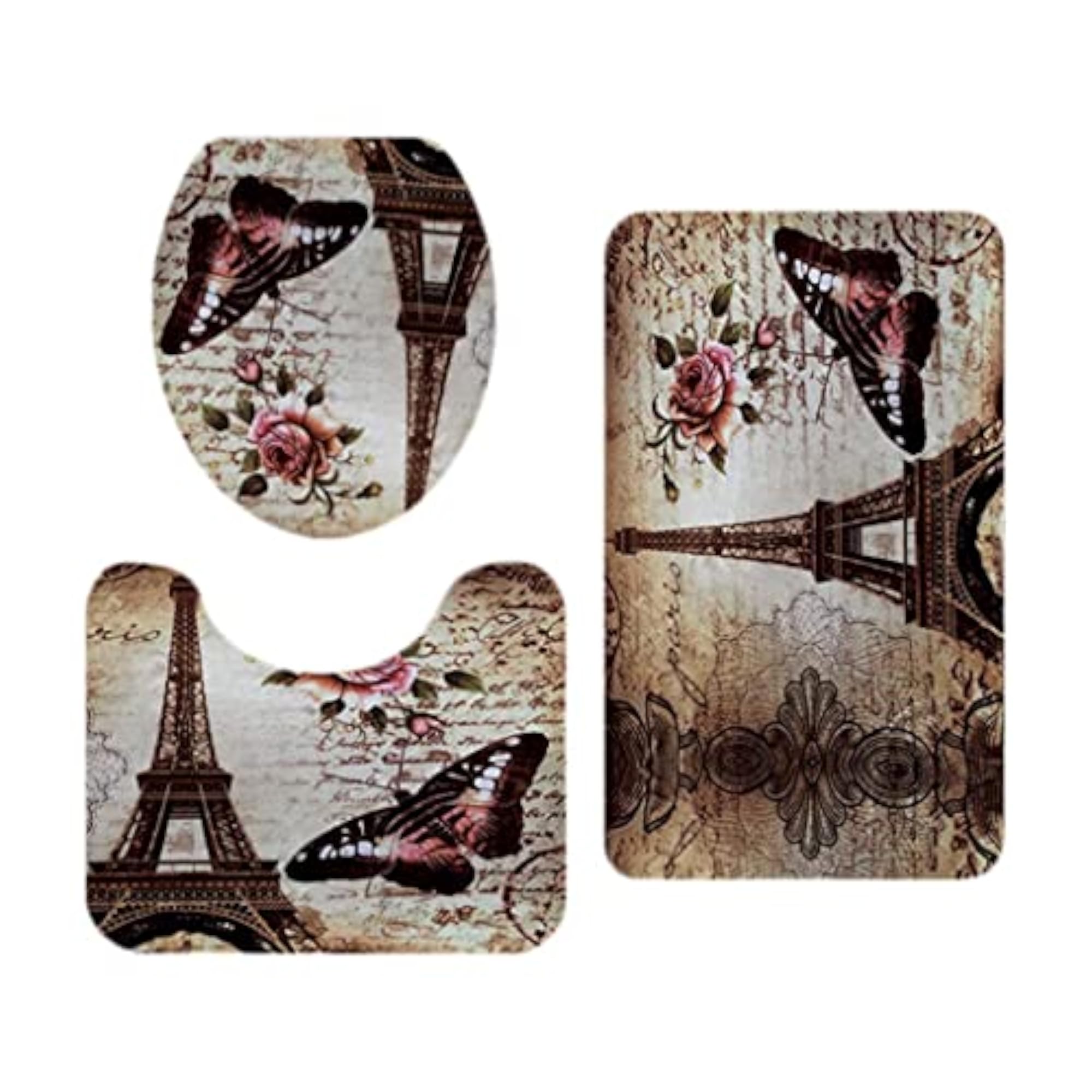 3 Pcs Eiffel Tower Bathroom Rug Set, Landscape Pattern
