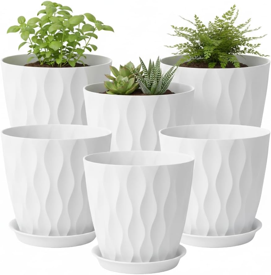 Plant Pots 8 Inch, 6 Pack Plastic Flower Pots for Indoor & Outdoor Plants, Planters with Drainage Holes and Saucer, Garden Pot for Plants (White)