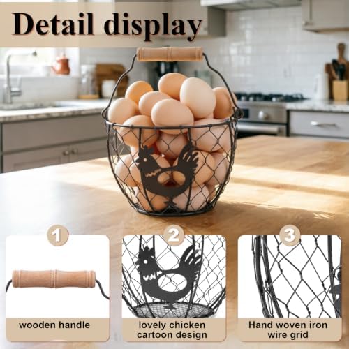 FNXAOR Wire Egg Basket Set of 2, Rooster Design Wooden Handle Farm Egg Storage 6.5in & 7.5in - 3