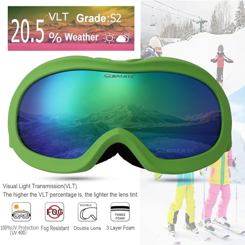 OUTDOORSPARTA Kids Ski Goggles (5. Green Frame, Full Lens Mirrored Green) - Image 2