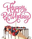 Crseniny Happy Birthday Cake Topper,Pink Glitter Birthday Sign Cake Decorations，Anniversary Party/B