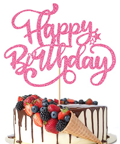 Crseniny Happy Birthday Cake Topper,Pink Glitter Birthday Sign Cake Decorations，Anniversary Party/Birthday Party Decoration Supplies (Pink Glitter) #TOP1