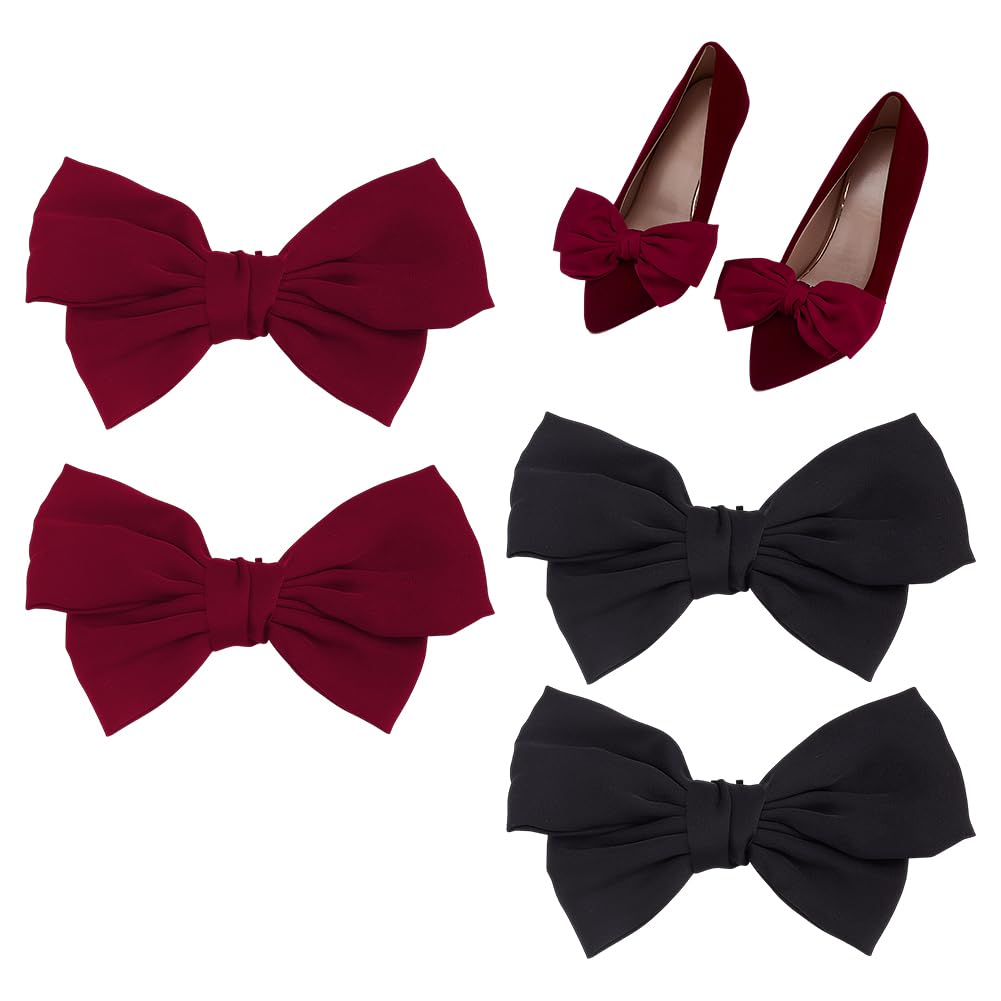 PH PandaHall 4pcs Satin Bow Shoe Clips, Burgundy Black Shoe Clips Elegant Shoes Buckles Clip on Detachable Ribbon Shoe Decoration for Women Wedding Party Heels Flats Pumps, 3.5x4.9 inch