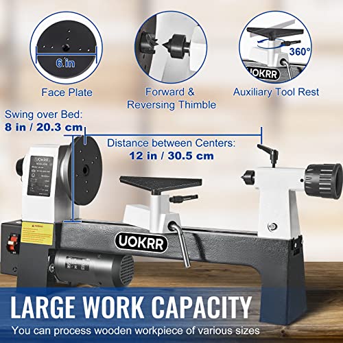 UOKRR Mini Wood Lathe for Woodworking 8\" x 12\" Wood Turning Lathe 1/3HP Pure Copper Motor Horsepower Benchtop Lathe Infinitely Variable Speed 750-3200rpm Multifunctional Lathe Machine - Thumbnail 5