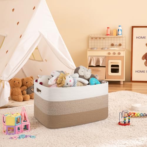 Image of OIAHOMY Large Blanket Basket For Living Room, Rectangle Woven Baskets for Storage, Nursery Toy Storage With Handle-22 inchx17 inchx12 inch-Gradient Light Yellow