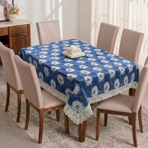Printed Dining Table Cover with White Lace | PVC 6 Seater Rectangular Dining Table Cover for Home| Lightweight, Waterproof & Anti Slip Table Cloth (Size 60x80, Blue Sunflower, Pack of 1)