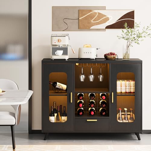 Bar Cabinet with Power Outlets, Modern Coffee Bar Sideboard with LED Light, Farmhouse Liquor Cabinet with Wine Rack, Glass Holder & Wine Storage, Black - Image 4