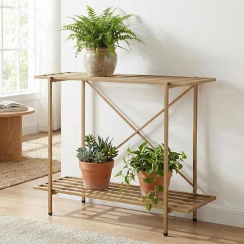Image of ecofynd Adam Plant Stands for Outdoor Balcony, Flower Pot Stand for Indoor Plants, Large Metal Planter Stand for Living Room, home decor, Indoor & Outdoor plants, 2 Tier, (26 Inch, PS049-GO)