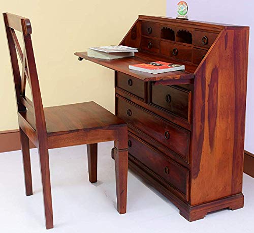 Image of Solid Sheesham Wood Study Table with 9 Drawer Storage Wooden Office Desk Workstation Computer Table with Chair for Living Room Study Room Home Office Library (Provincial Teak Finish)
