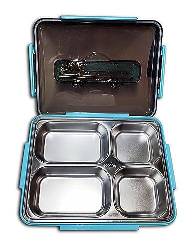 Image of Lunch Box for Adults 4 Compartment Insulated Stainless Steel with Spoon & Fork Tiffin Box for Girls, Boys, School, Office Men & Women (Multicolor)