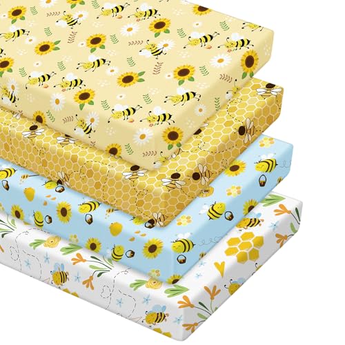 Image of VitalCozy 4 Pcs Yellow Bee Crib Sheet Set Newborn Bedding Nursery Baby Sheets for Girl Boys Baby Gifts for Standard Crib and Toddler Mattresses, 52 x 28 x 8 Inches
